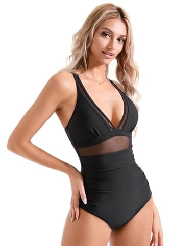 SUUKSESS Women Slimming Tummy Control One Piece Swimsuits Sexy Mesh High Waisted Monokini Bathing Suits (Black, L) - Image 3