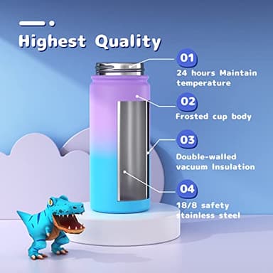 Kids Water Bottle, 2-Pack 16oz Water Bottles with Stickers and Straw, Stainless Steel Vacuum Insulated cup, Kids Water Bottle for School, Gifts for Boys and Girls(Purple/Green) - Image 5