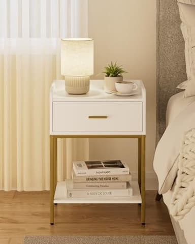 Masupu Nightstand,3-Tier Modern Bedside Night Stand with Storage Drawer and Shelf,Small End Side Table for Bedroom,Living Room,White (Without Outlet, White) - Image 1