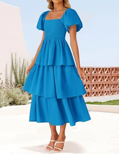 ZESICA Women's 2025 Summer Boho Midi Dress Short Puff Sleeve Flowy A Line Tiered Beach Vacation Long Dresses,Blue,X-Large - Image 2