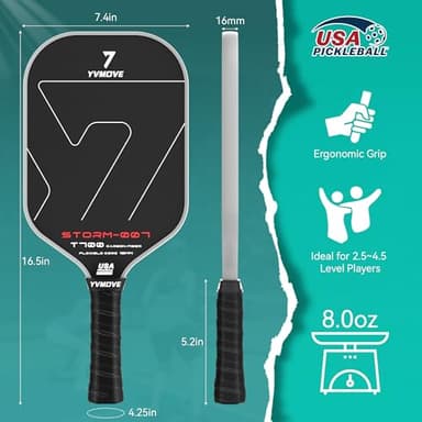 YVmove Pickleball Paddle with T700 Raw Carbon Fiber Surface & 16mm STR-Core Power Polymer Core, Premium Pickle Ball Racket Designed for Ultimate Spin & Consistency, USAPA Approved Storm 007 - Image 8