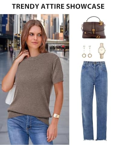 Arach&Cloz Womens Summer Fall Fashion Tops Work Formal Teacher 2025 Short Sleeve Sweaters Blouses Dressy Casual Cloth Business Outfits Black White Spring Linen Plus Size Halloween Winter (Coffee,L) - Image 4