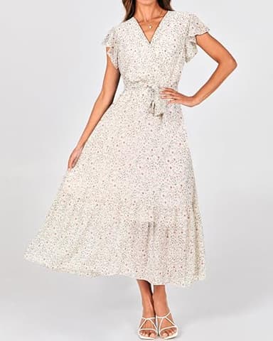 BTFBM Women Summer Bohemian Floral Casual Wrap V Neck Ruffle Cap Sleeveless Belt A-Line Pleated Hem Swing Midi Sun Dress (Floral Apricot, X-Large) - Image 2