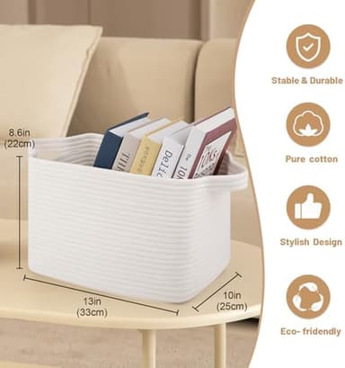 Storage Basket for Organizing, Woven Baskets for Storage, Rectangle Decorative Baskets for Shleves, Closet, Toys, Books, Nursery Organizer Bins - Pack of 3 (White - Image 6