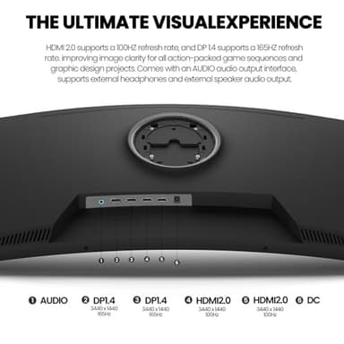 CRUA 34" Curved Gaming Monitor, WQHD 3440x1440, 144Hz/165Hz Computer Monitors, 1500R VA Screen, 120% sRGB, AMD FreeSync, HDMI 2.0 & DP 1.4, Wall Mountable Installs- Black - Image 3