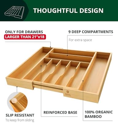 ROYAL CRAFT WOOD Luxury Bamboo Kitchen Drawer Organizer - Silverware Organizer, Utensil Holder & Cutlery Tray Drawer Dividers for Flatware (9 Slot, Natural) - Image 4