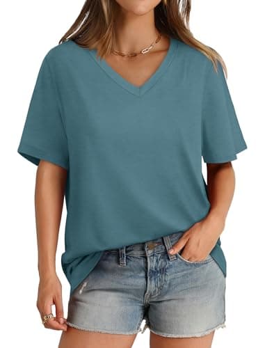 Womens Tshirts Short Sleeve V Neck Oversized Shirts Summer Casual Tops Blue M - Image 1