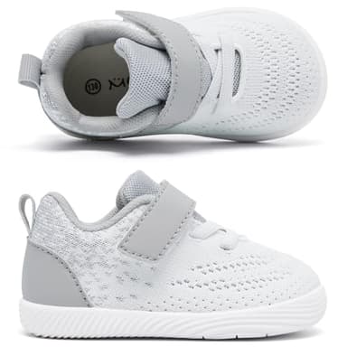 MORENDL Toddler Sneakers Baby Boys & Girls Barefoot Shoes Lightweight Breathable Walking Running Tennis Athletic Sport Shoes White Gray Size 7 - Image 5