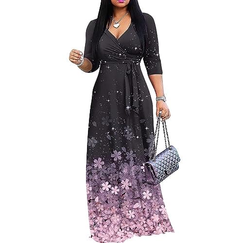 FANDEE Women's 2025 Maxi Dress - Floral Printed Bohemian Summer Long Maxi Dress V-Neck 3/4 Sleeve Sakura XL - Image 1