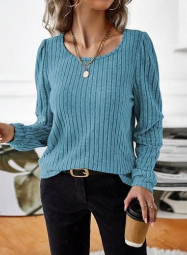 Samefar Womens Tops Dressy Casual Round Neck Long Sleeve Shirts for Women Ribbed Fall Blouses Work Knitted Tunic Clothes Blue Medium - Image 2