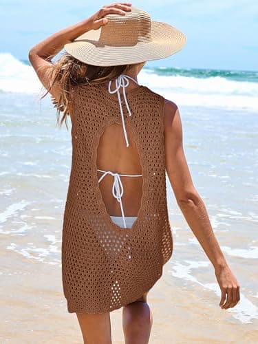 ANRABESS Womens Swimsuit Cover Up Sleeveless Knit 2025 Summer Outfits Swimwear Bathing Suit Coverup Crochet Beach Dress Brown Large - Image 4
