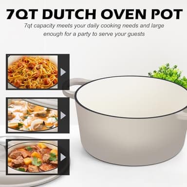 TeamFar Enameled Cast Iron Dutch Oven, 7qt Dutch Oven Pot Nonstick Cookware with Lid & Dual Handles for Bread Baking, Cooking, Oven Safe up to 500℉ & Various Stovetops, Healthy & Heavy Duty - Khaki - Image 6