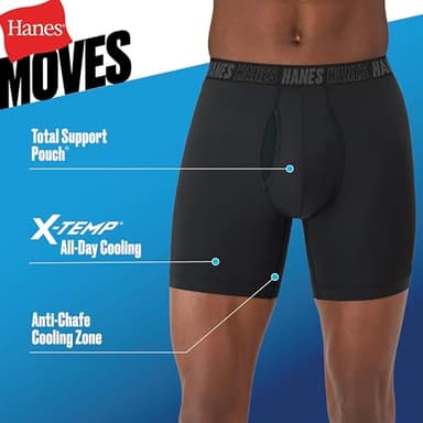 Hanes Men's Moves Performance Boxer Brief, Total Support Pouch, Regular/Trunk/Long Leg, 3-Pack, 6", Black - Image 4