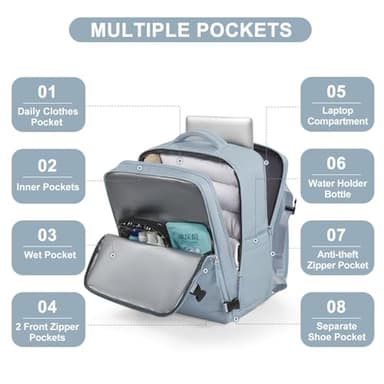 Large Travel Backpack Carry on Flight Approved Mochila De Viaje Carry on Backpack for Airplanes Spirit Airlines Personal Item Bag 18x14x8 Inches Travel Bag Traveling Backpack for Women Men Grey Blue - Image 4