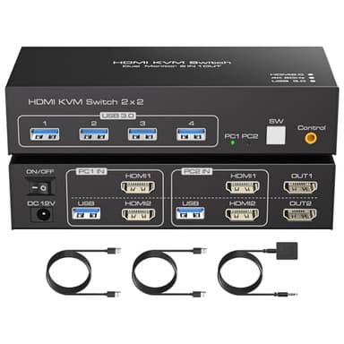 FQuanmap HDMI KVM Switch 2 Monitors 2 Computers 4K60Hz Dual Monitor KVM Switches for Dual PC or Laptops Share 1 Set of Keyboard Mouse Printer Wired Controller and 12V 1A DC Adapter Included - Image 1