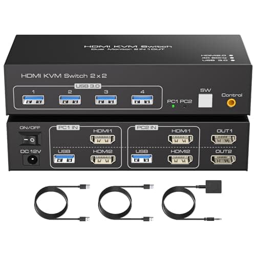 FQuanmap HDMI KVM Switch 2 Monitors 2 Computers 4K60Hz Dual Monitor KVM Switches for Dual PC or Laptops Share 1 Set of Keyboard Mouse Printer Wired Controller and 12V 1A DC Adapter Included