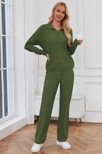 Cakulo Womens 2024 Lounge Sets 2 Piece Outfits Knit Sweater Matching Set Ribbed Wide Leg Loungewear Sweatsuits Army Green S - Image 7