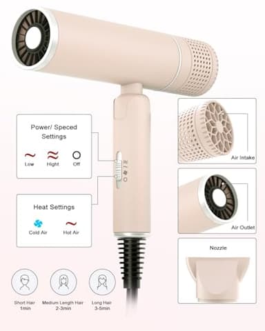 7MAGIC Foldable Hair Dryer, Powerful Ionic Blow Dryer for Fast Drying, Travel Hair Blow Dryer with Storage Bag, Lightweight Portable Hairdryer for Women, Cold/2 Heating/2 Speed Settings, Pink - Image 6