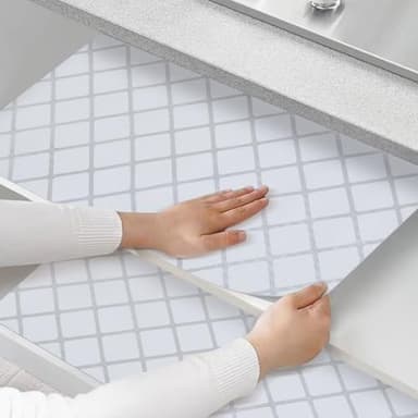 Shinlendid Drawer and Shelf Liner for Kitchen Cabinets, Non-Adhesive Strong Grip Cabinet Liners for Dressers, Durable Waterproof Anti Slip Cupboard Liner, White/Sliver, 23 in x 10 Feet - Image 7