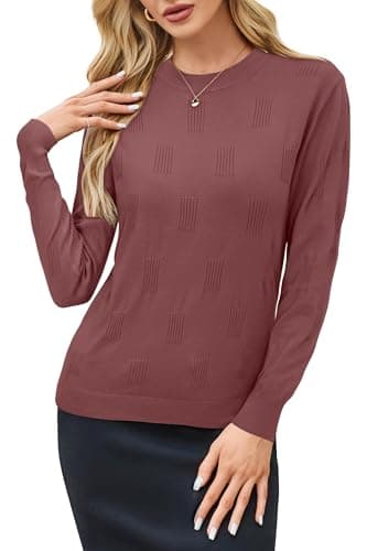 Arach&Cloz Womens Fall Tops 2024 Fashion Long Sleeve Shirt Crew Neck Lightweight Knit Pullover Sweater Blouse Dusty Red - Image 2