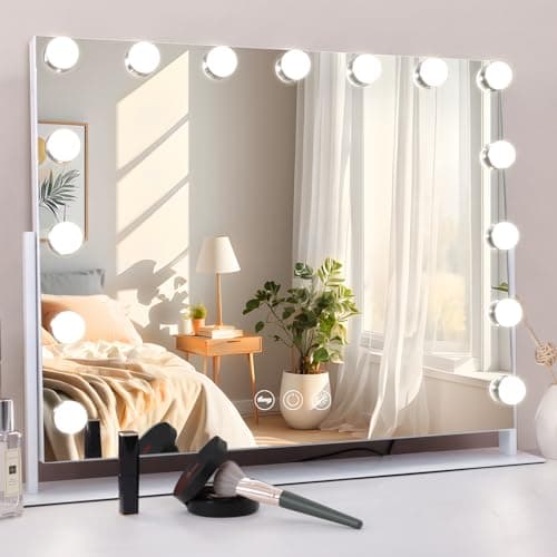MISAVANITY Large Vanity Makeup Mirror with Lights 23"X18" Lighted Hollywood Mirror with 10X Magnification and USB Charger for Bedroom Dressing Room Tabletop 15 Dimmable LED Lights 360 Degree Rotating - Image 1