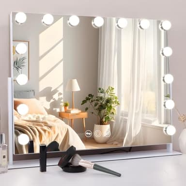 MISAVANITY Large Vanity Makeup Mirror with Lights 23"X18" Lighted Hollywood Mirror with 10X Magnification and USB Charger for Bedroom Dressing Room Tabletop 15 Dimmable LED Lights 360 Degree Rotating - Image 1