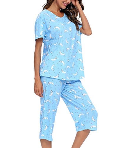 ENJOYNIGHT Womens Pajama Sets Cotton Pj Set Short Sleeve Top With Capri Pants Sleepwear 2 Piece Lounge Set(X-Large,Moon) - Image 1