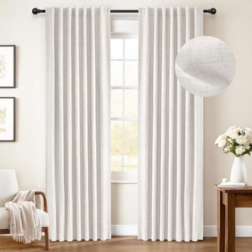 INOVADAY 100% Blackout Curtains 96 Inches Length 2 Panels Set, Back Tab/Rod Pocket Linen Black Out Curtains for Bedroom, Thermal Insulated Window Drapes - Beige, W50 X L96 - Image 1