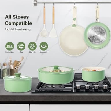 M MELENTA Pots and Pans Set Non Stick, 16pcs Induction Cookware with Detachable Handle, Space Saving Stackable Pot Set, Non Toxic Granite Kitchen Cooking Set, Oven Safe, Sage Green - Image 5