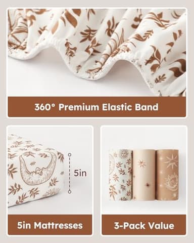 Unnivoll Pack and Play Sheets Fitted 3 Pack, Mini Crib Sheets for Pack N Play Mattress Stretchy Portable Playard Sheets, Soft Breathable White Brown Sun God - Image 6