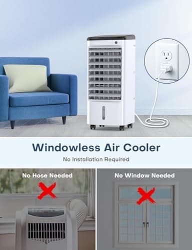 CENSTECH Evaporative Air Cooler, Swamp Cooler Air Conditioner w/ 12H Timer for Auto-off, 6 Upgraded Ice Packs, 3-Speed Windowless Air Conditioner, Smart Remote, Dual Tank Portable Air Cooler for Room - Image 5