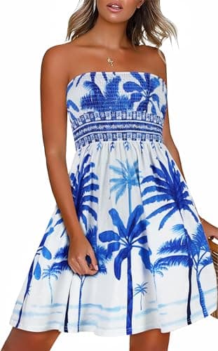 CHICGAL Strapless Dresses for Women Casual Sundress Summer Beach Cover Ups Off Shoulder Boho Print(White Blue Tree,S) - Image 1
