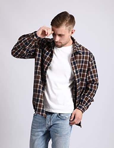 Locachy Men's Casual Cotton Plaid Shirts Long Sleeve Button-Down Flannel Overshirt Jacket Blue&Coffee Plaid M - Image 5