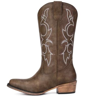 Choiran Brown Cowboy Boots for Women - Embroidered Cowgirl Boots Western Mid Calf Fashion Chunky Heel Pointed Toe Country Boot 6 - Image 4