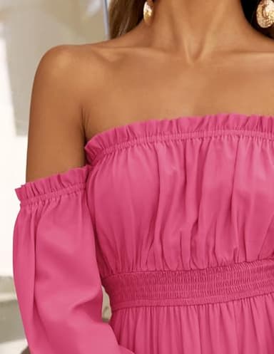 ZESICA Women's 2025 Boho Sexy Off Shoulder Long Sleeve Smocked High Waist Side Split Flowy A Line Tiered Long Maxi Dress,Rose,Medium - Image 5