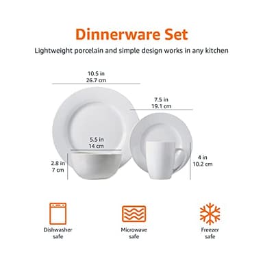 Amazon Basics 16-Piece Porcelain Kitchen Dinnerware Set with Plates, Bowls and Mugs, Service for 4 - White - Image 3