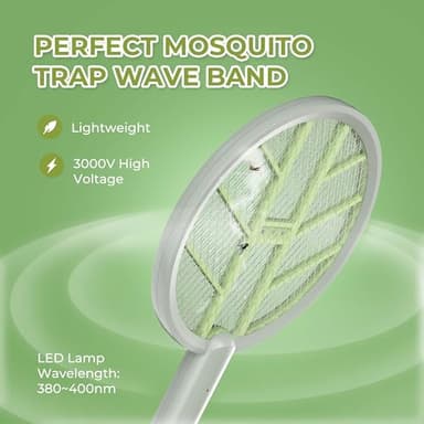 Aspectek 3000V Electric Fly Swatter for Indoor and Outdoor Use, Portable, Rechargeable Bug Zapper Racket with Improved Battery Life, USB Charging Cable, Wall Bracket, White -Green - Image 4