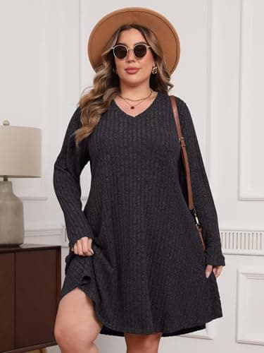BELAROI Plus Size Sweater Dress Curvy Women Fall Dresses Winter V Neck Long Sleeve Pockets Tshirt Dress Loose Fit (3X, Dark Gray) - Image 4