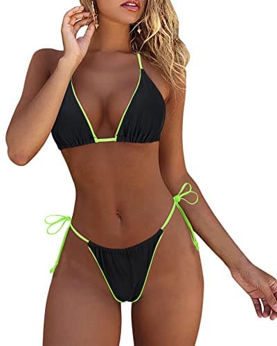 MOSHENGQI Women Sexy Brazilian Bikini 2 Piece Spaghetti Strap Top Thong Swimsuit Bathing Suit(M,Fluorescent Black) - Image 1