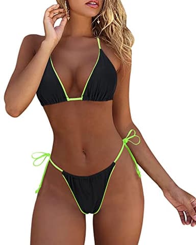 MOSHENGQI Women Sexy Brazilian Bikini 2 Piece Spaghetti Strap Top Thong Swimsuit Bathing Suit(M,Fluorescent Black) - Image 1