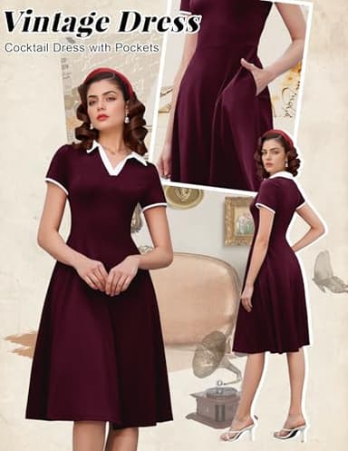 Dressystar Women V Neck 1950s Vintage Short Sleeves Dress Retro A Line Swing Rockabilly Cocktail Party Dresses with Pockets Burgundy L - Image 3