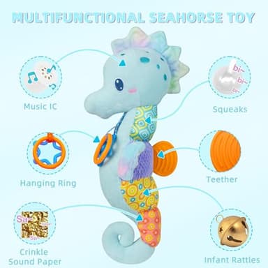 Baby Toys 0-6 Months,Infant Musical Seahorse Stuffed Animals Sensory Toys with Bright Colors,Multiple Textures,Rattles & Crinkle Sound Paper,Soft Tummy Time Toy for Newborn Boys Girls 0-12 Months-Blue - Image 2