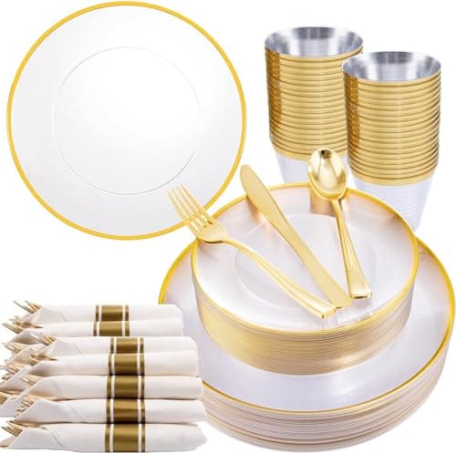 Rubtlamp 140Pcs Gold Plastic Plates Dinnerware,Clear Disposable Plates with Gold Trim,Clear Party Dinnerware Include 20Dinner Plates,20Salad Plates, 20Cups,20Silverware With Pre Rolled Napkins - Image 1