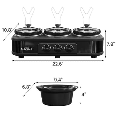 Sunvivi Triple Slow Cooker Buffet Servers and Warmer,3 Pot Food Small Mini Manual Slow Cooker with Adjustable Temp Stainless Steel Lid Rests,Removable Ceramic Pot, 3 * 1.5 Quarts Black - Image 6