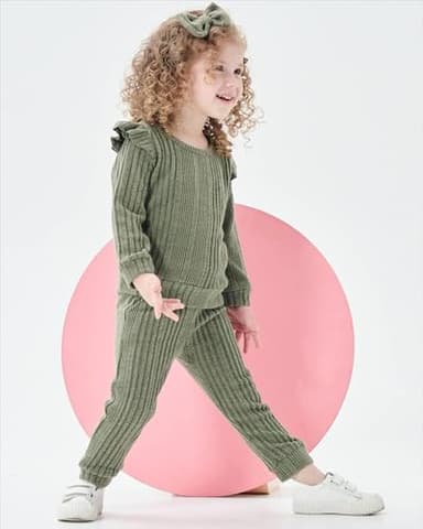 Mioglrie Baby Girl Clothes 12-18 Month Fall Winter Outfits Infant Sweatsuit Newborn Sweatshirt Fleece Ruffle Green Sweat Pant Set for 1 Year Old Girls Clothing - Image 3