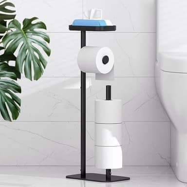 Kitsure Toilet Paper Holder Free Standing – Rustproof Metal Toilet Paper Stand for 4 Rolls with Anti-Slip Base and Shelf for Phone & Small Items, Bathroom Organizers and Storage, Medium, Black - Image 1