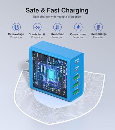 [2-Pack] USB C Wall Charger, 50W USB C Charger Block 5-Port PD Fast Charging Blocks,2USB C+3USB A Multiport Plug,Type C Power Adapter Brick Cube for iPhone 16/15/14/Pro,iPad,Samsung,for Switch（Blue） - Image 5