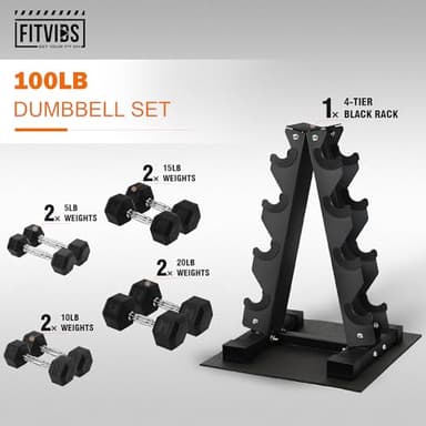 Fitvids Rubber Coated Hex Dumbbell Weight Set and Storage Rack, 100LB Set or 150LB Set, 5-20 lbs Pairs or 5-25 lbs Pairs - Image 2