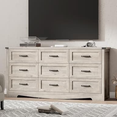 Dresser for Bedroom with 9 Drawers, 59" Wide Wood Chest of Drawers with Deep Drawers & Mental Handle, Modern Dresser TV Stand, Wooden Closet Storage Organizer for Living Room, Hallway, Entryway, Grey - Image 7