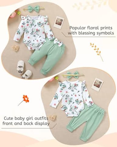 YALLET Baby Girl Clothes Newborn Infant Girl Outfits Floral Romper+Pants+Headband Fall Baby Layettes for Clothing 0-18 Months(Green, 3-6 Months) - Image 2